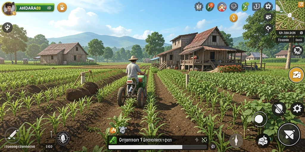 Tampilan gameplay ANDARA88 dengan ladang yang subur dan beragam tanaman.