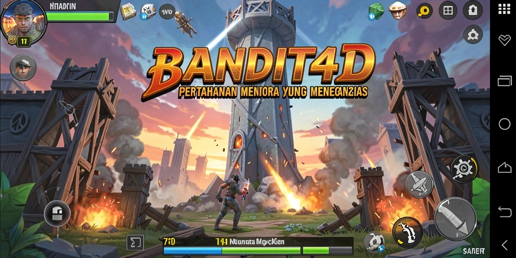 Screenshot gameplay menunjukkan menara dan musuh dalam pertempuran Tower Defense.