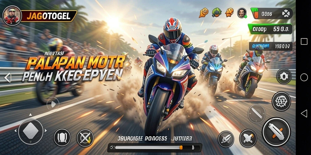Gameplay JAGOTOGEL yang menampilkan balapan motor yang intens dan mendebarkan.