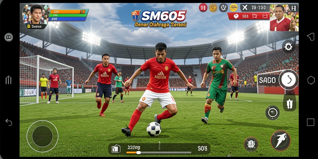 Screenshot utama SM605 menampilkan aksi pertandingan olahraga yang seru.